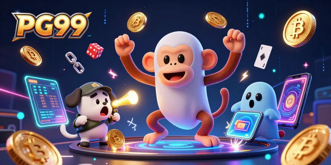 Experience the thrilling world of PG99 casino with a playful monkey and ghost-hunter puppy in a dazzling 3D illustration.