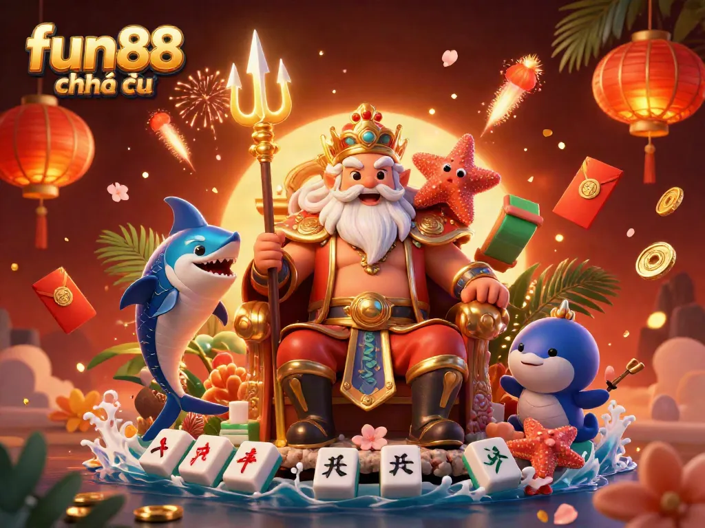 Experience the vibrant fun88 chính thức atmosphere with Neptune, a swordfish samurai, and celebratory gaming elements.