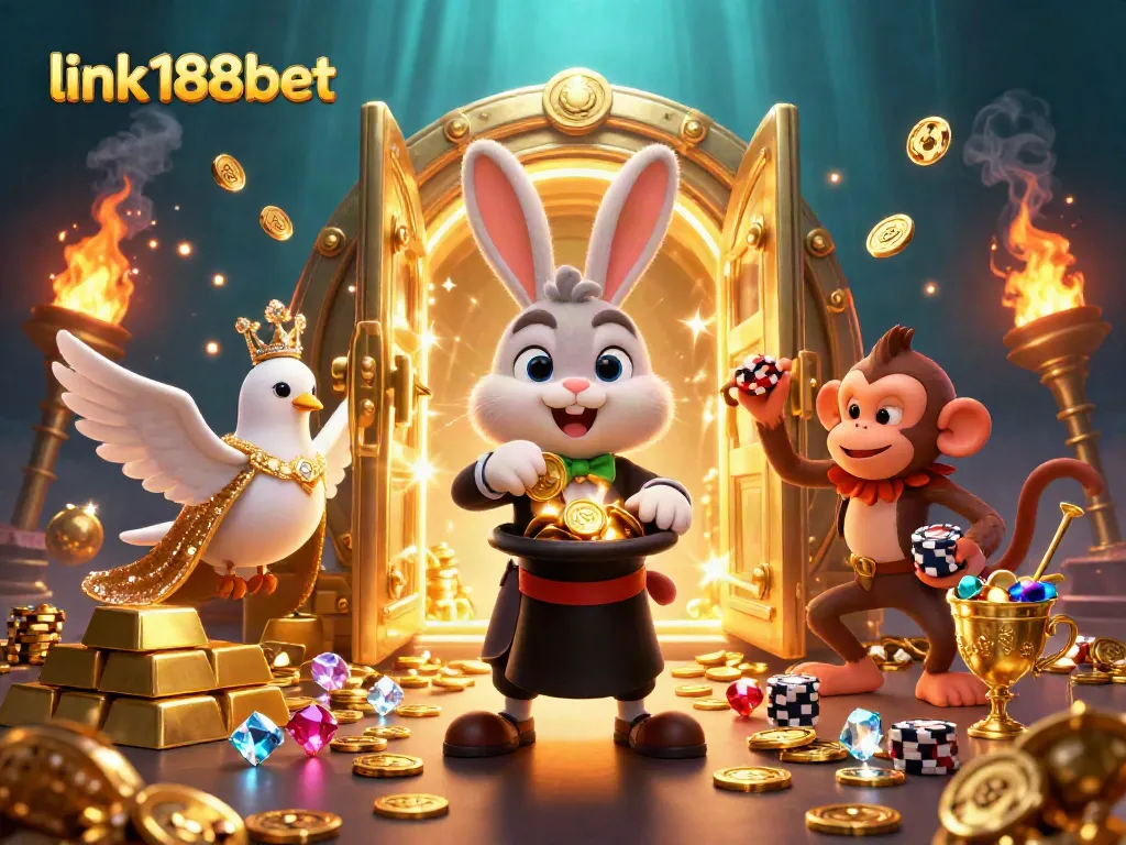 Engage with link 188bet through a vibrant 3D casino scene showcasing a magician rabbit, dove, and monkey amidst gold treasures.