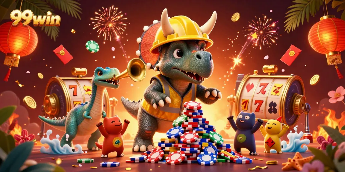 Cheer while spinning 99win's thrilling slot reels with vibrant characters and festive decorations.