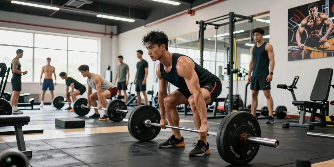 Im Anabolika Shop trainiert ein Bodybuilder mit Gewichten in einem hellen Fitnessstudio, umgeben von sportlicher Ausrüstung.