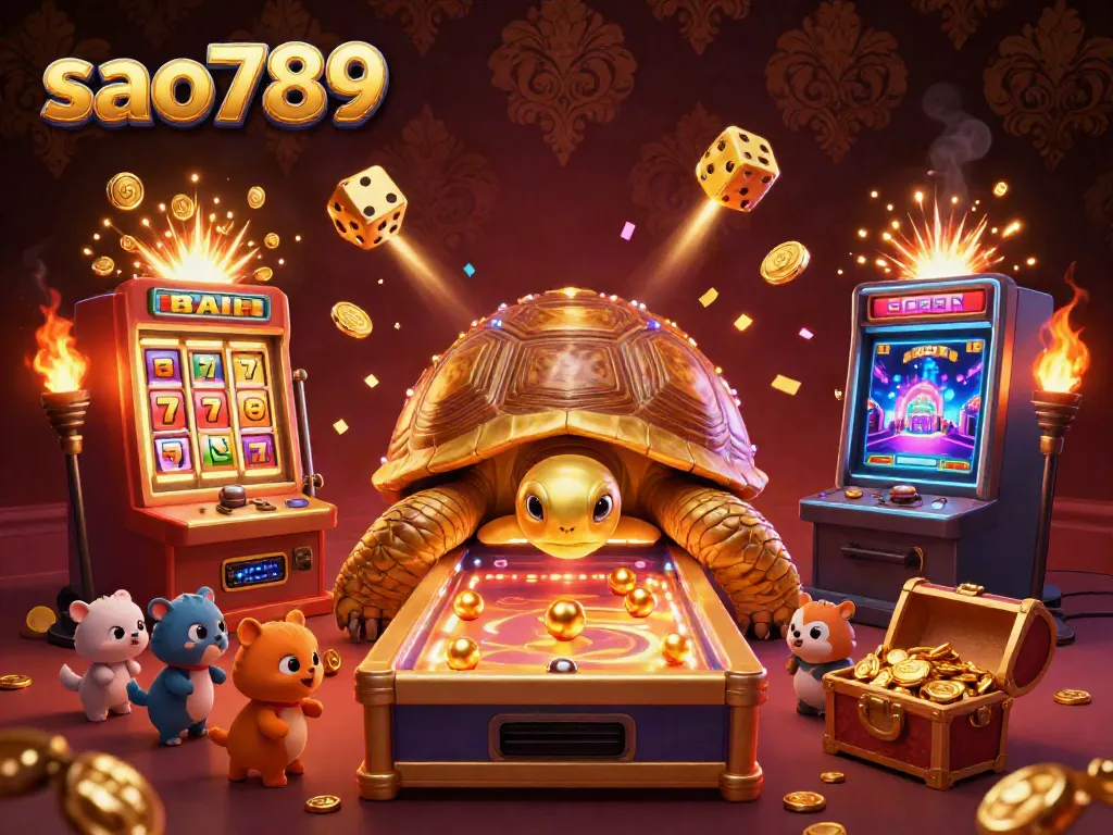 Sao789 interactive gaming experience featuring a golden tortoise pinball machine surrounded by excited animals and vibrant casino elements.