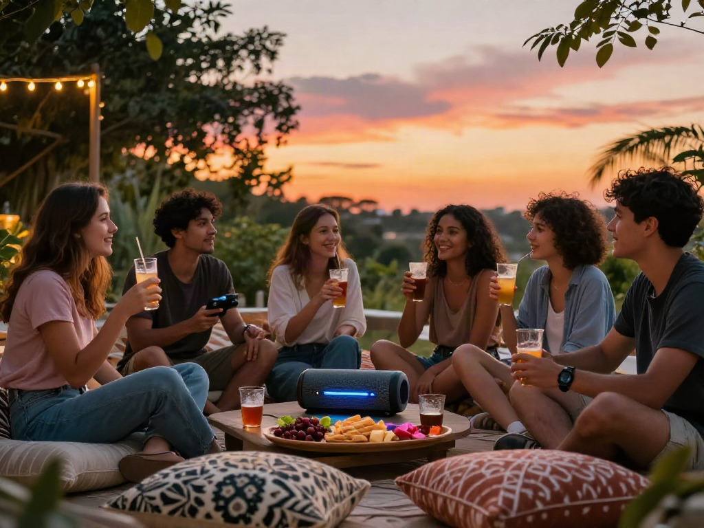 Group of friends enjoying drinks while discussing rokok88 alternatif in a cozy outdoor setting.