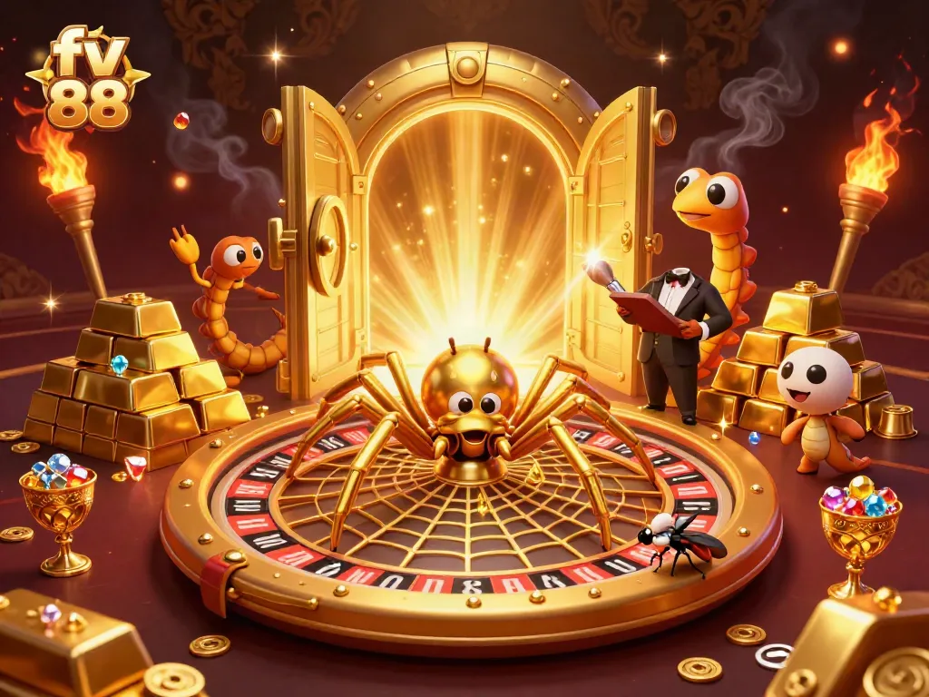 Experience excitement with the fv 88 golden spider and centipede croupier in a lively casino scene.