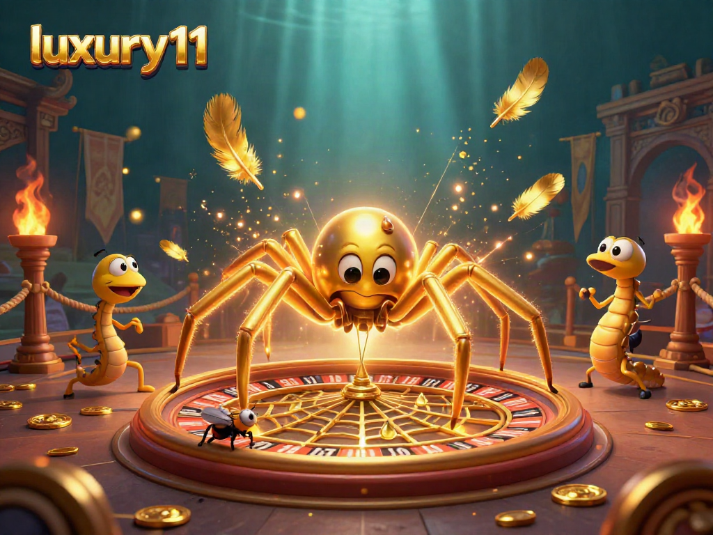Interactive scene of luxury111's spider and croupier engaging in a vibrant casino atmosphere.