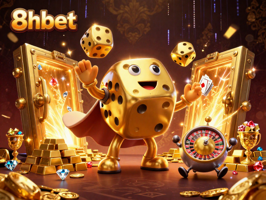 Experience thrilling gameplay with 8xbet's dynamic characters in a richly detailed casino illustration.