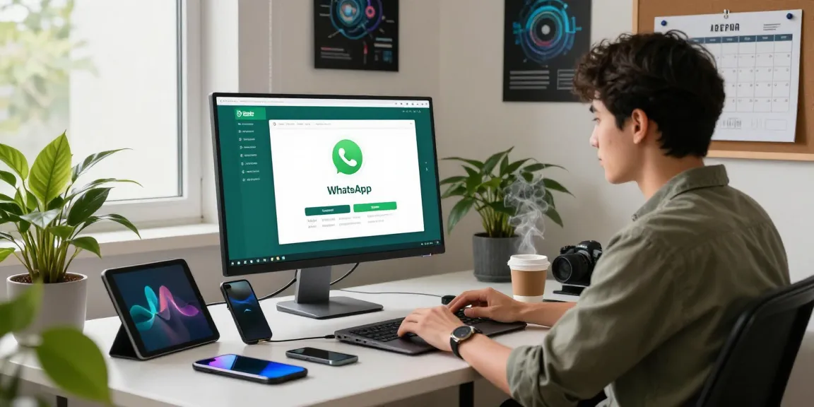 Using WhatsApp電腦版 on a stylish desk with modern tech setup.