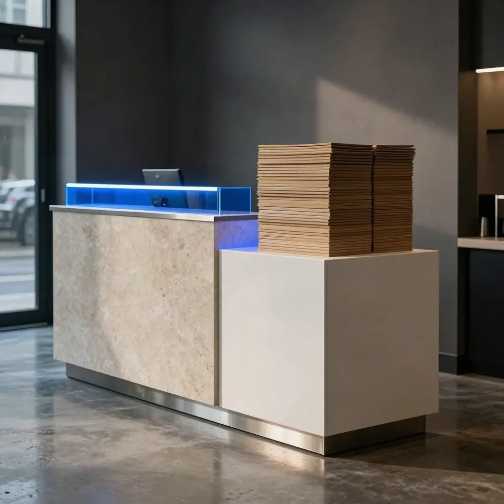 Moderne Empfangsecke im Startup-Stil mit Plinth, Verpackungen und blauem Licht.