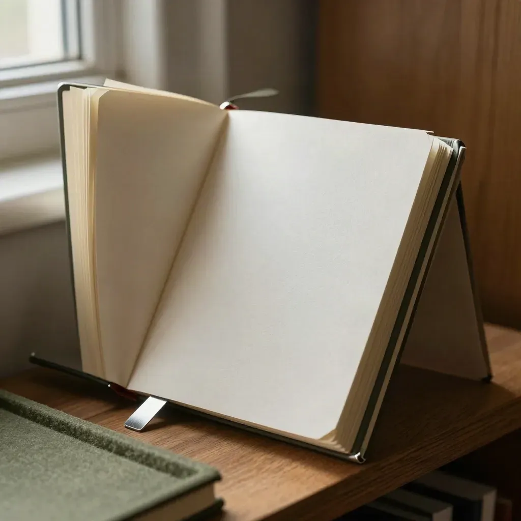 Fächer aus Recherchekarten neben geschlossenem Notizbuch und silberner Klammer auf Holzregal.