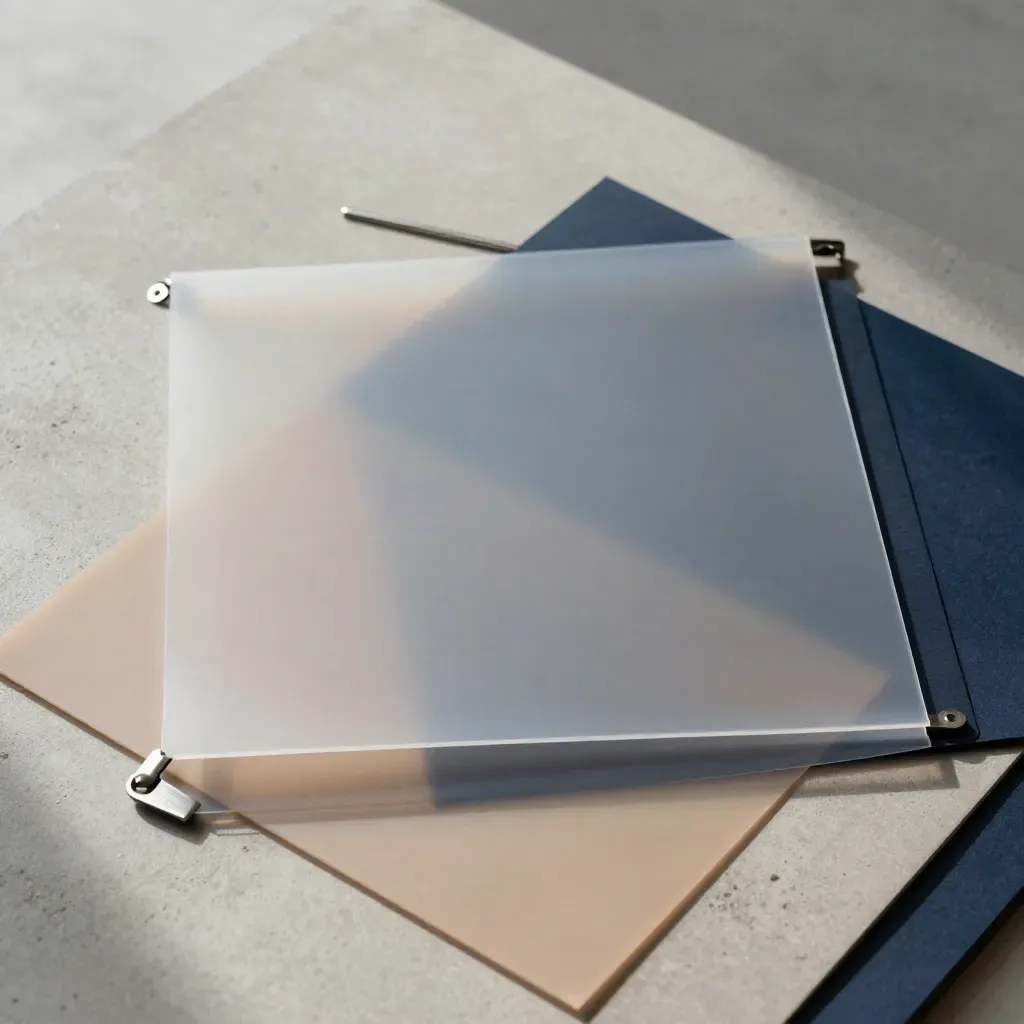 Transparente Layoutfolien und Metallabstandshalter auf hellem Stein, von oben fotografiert.