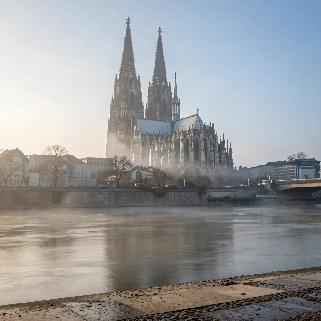 Kölner Dom über nebligem Rheinufer im ersten Morgenlicht