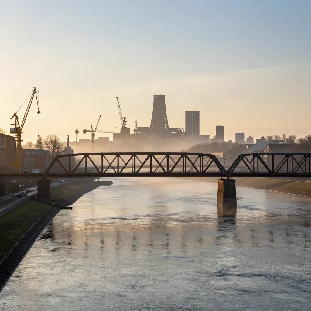 Ruhr-Industrie bei Sonnenaufgang mit Brücken, Kränen und Nebel über dem Fluss