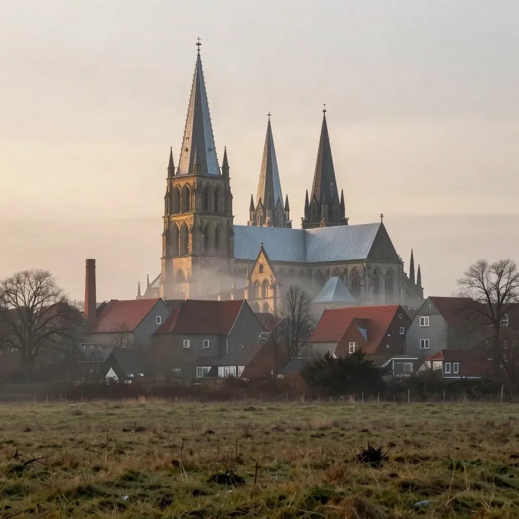 Münsteraner Dom über nebligen Dächern und feuchter Wiese im warmen Licht nach Regen