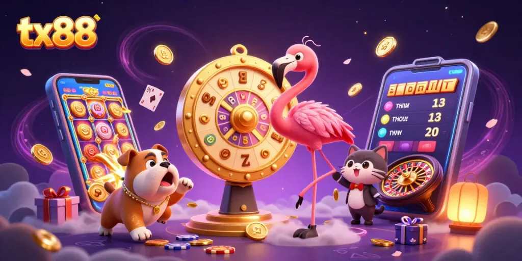 Spin to win at tx88 with a vibrant scene featuring a game show host and an excited bulldog.