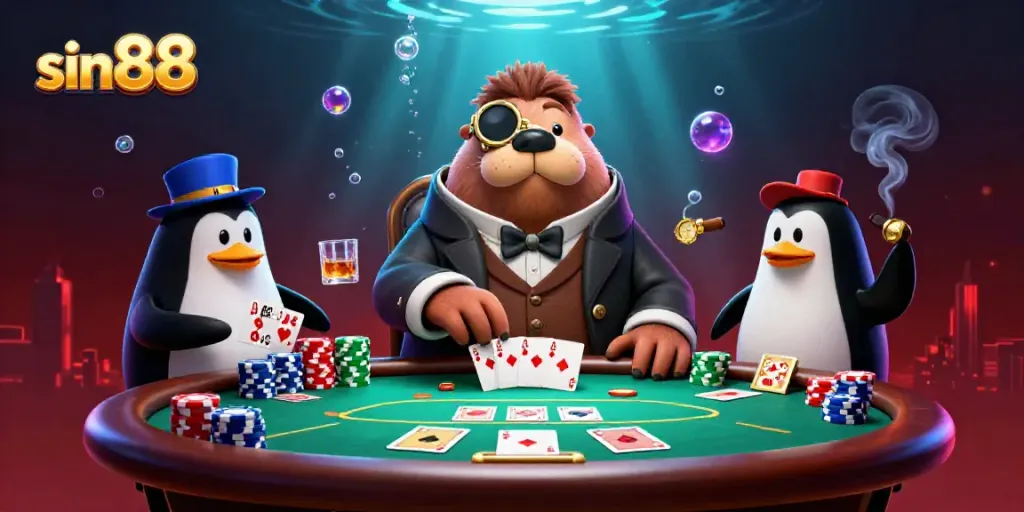 Engage in thrilling gameplay at sin88 with a jolly walrus and poker table scene.