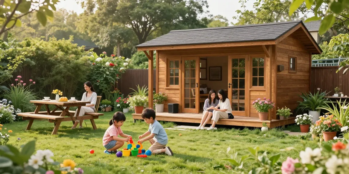 Familie genießt ihr neues Gartenhaus im Garten mit lebhaften Blumen und Möbeln.