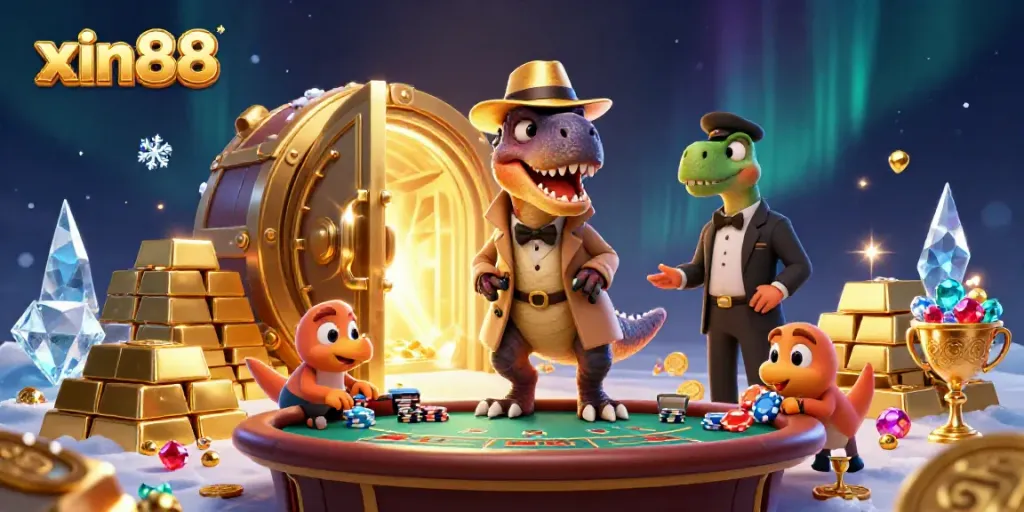 Experience the excitement of xin88 with a quirky casino scene featuring colorful dinosaur characters.