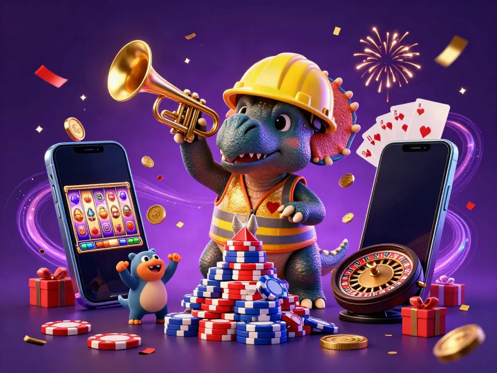Nbet's 3D illustration of a triceratops and friends celebrating a casino victory with poker chips and games.