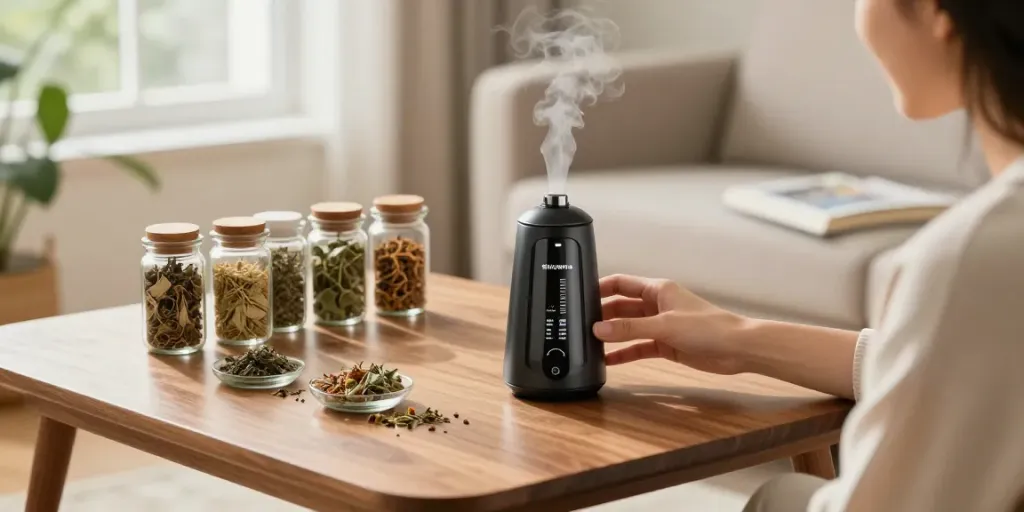 A person exploring how a vaporizer works in a cozy home setting with various dried herbs.