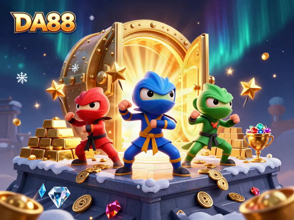 Engage with DA88 gaming adventures featuring 3D ninja chameleons surrounded by casino treasures.
