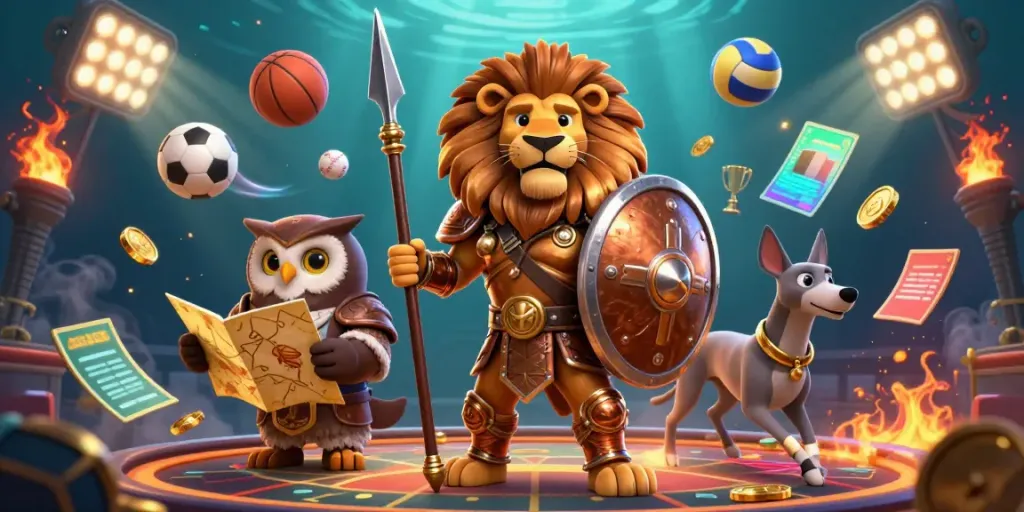 Experience the action at da88 through a dynamic 3D casino scene featuring a Spartan lion, owl strategist, and greyhound delivering thrill.