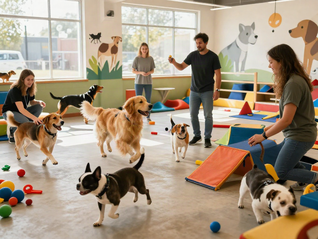Dogs enjoying slot depo 10k activities in a colorful daycare with joyful interactions.
