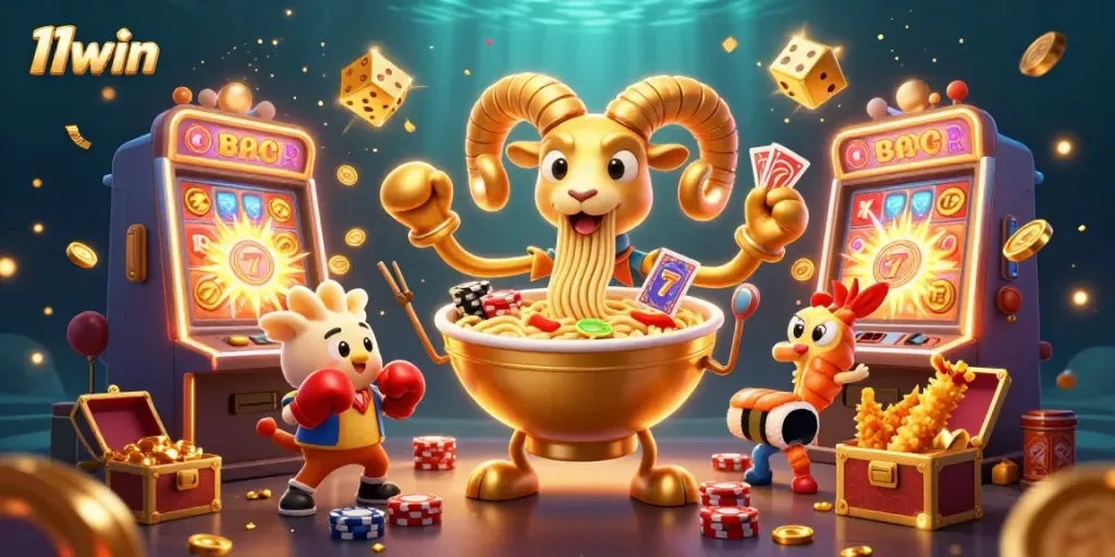 Experience the thrill of 11win with dynamic casino elements, showcasing jackpots and vibrant game characters.