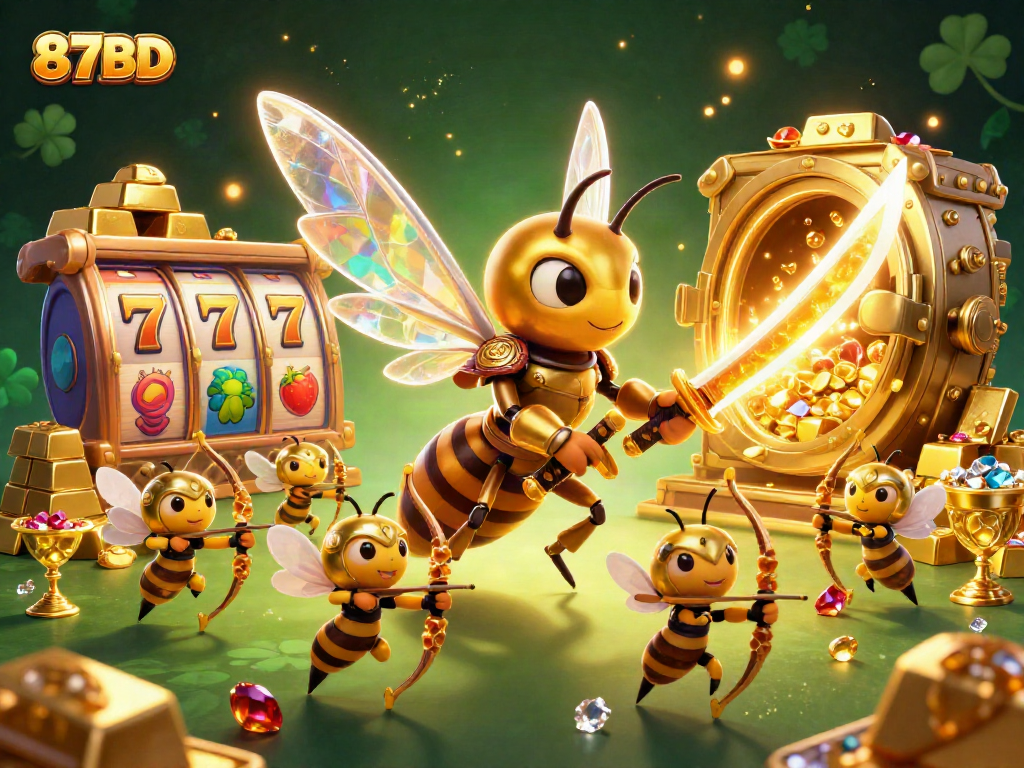 Experience the excitement of 87BD with vibrant slot reels, gold treasures, and dynamic casino characters.