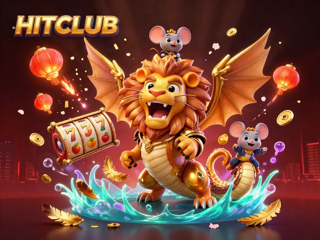Experience thrilling gameplay at HITCLUB with vibrant slot reels, golden coins, and festive decorations.