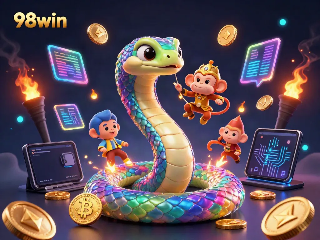 Experience the vibrant gameplay at 98win with a stunning 3D illustration showcasing a colorful scene centered around gaming excitement.