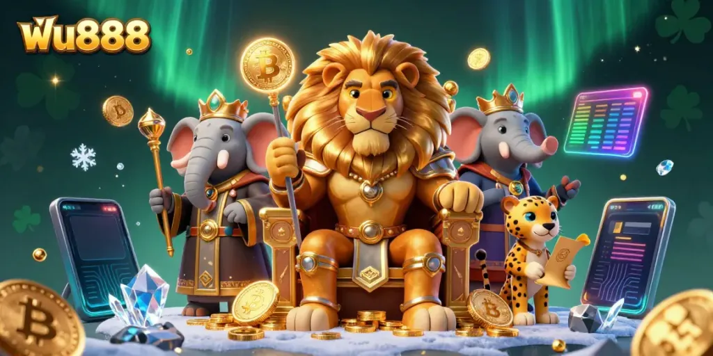 Experience the exciting world of ฟัน888 casino with dynamic 3D characters in royal attire and glowing crypto elements.