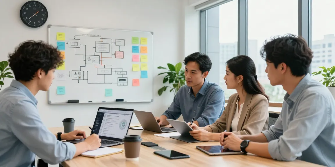 Build internal tools with AI - collaborative professionals in a modern workspace strategizing on tool development.