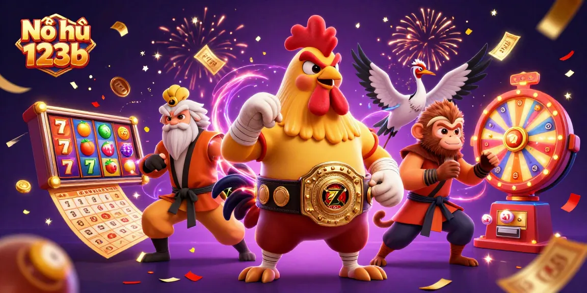 Nổ hũ 123b slot game illustration featuring vibrant characters, jackpots, and dynamic casino elements