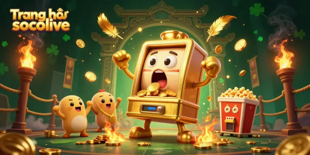 Experience Trang chủ socolive with a lively scene of golden slot machines hitting jackpots and cheering.