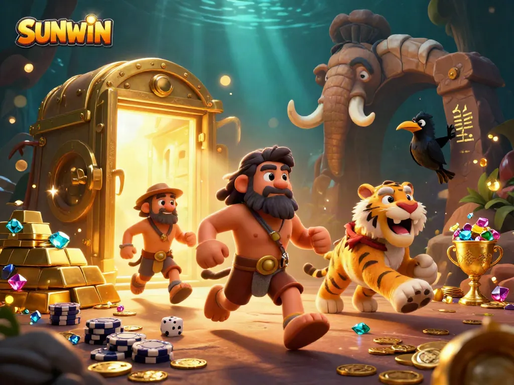 SUNWIN promotes exciting casino adventures with vibrant cavemen and treasures in an engaging 3D scene.