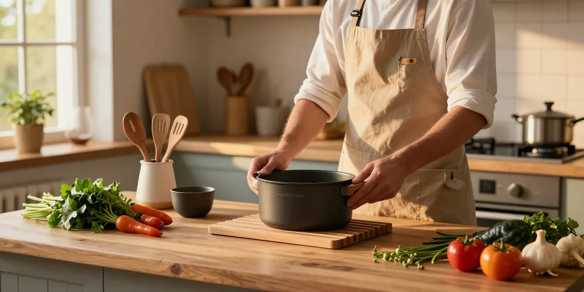 Handgefertigter Topfuntersetzer aus Holz stützt eine heiße Pfanne in einer gemütlichen Kücheneinstellung und zeigt nachhaltiges Kochen.