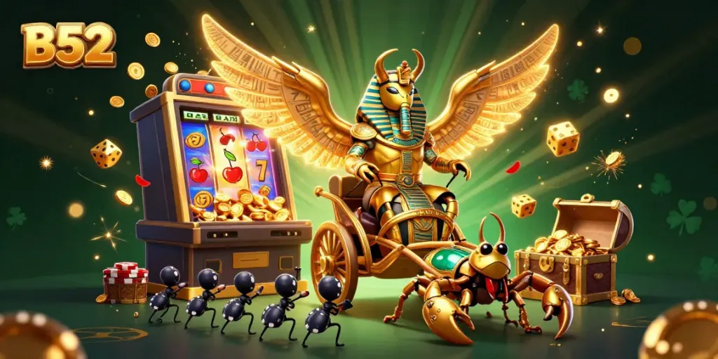 B52 illustrates thrilling casino excitement with colorful slot machines and vibrant characters.