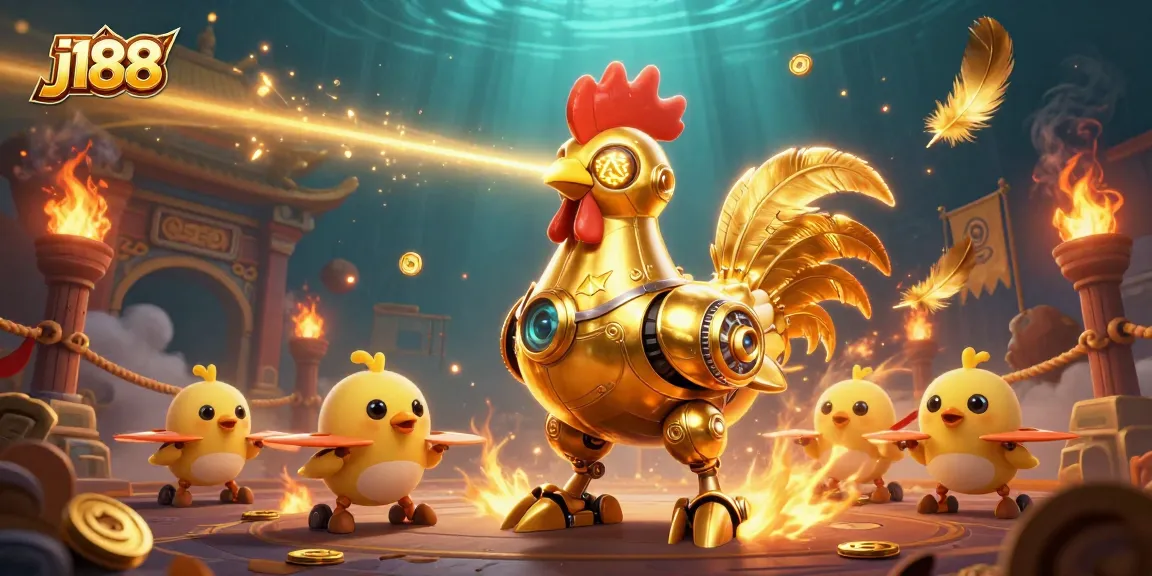 Betting action at j188 features a golden rooster robot with drones in a colorful casino scene.