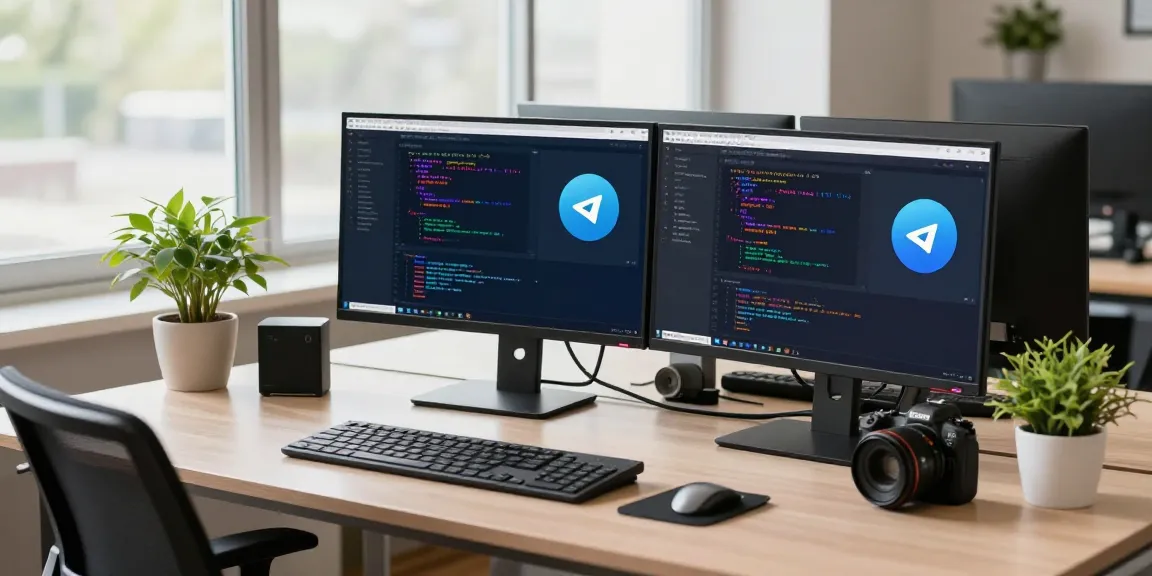 Developer adjusting Telegram中文 settings in a modern workspace with dual monitors and coding elements.