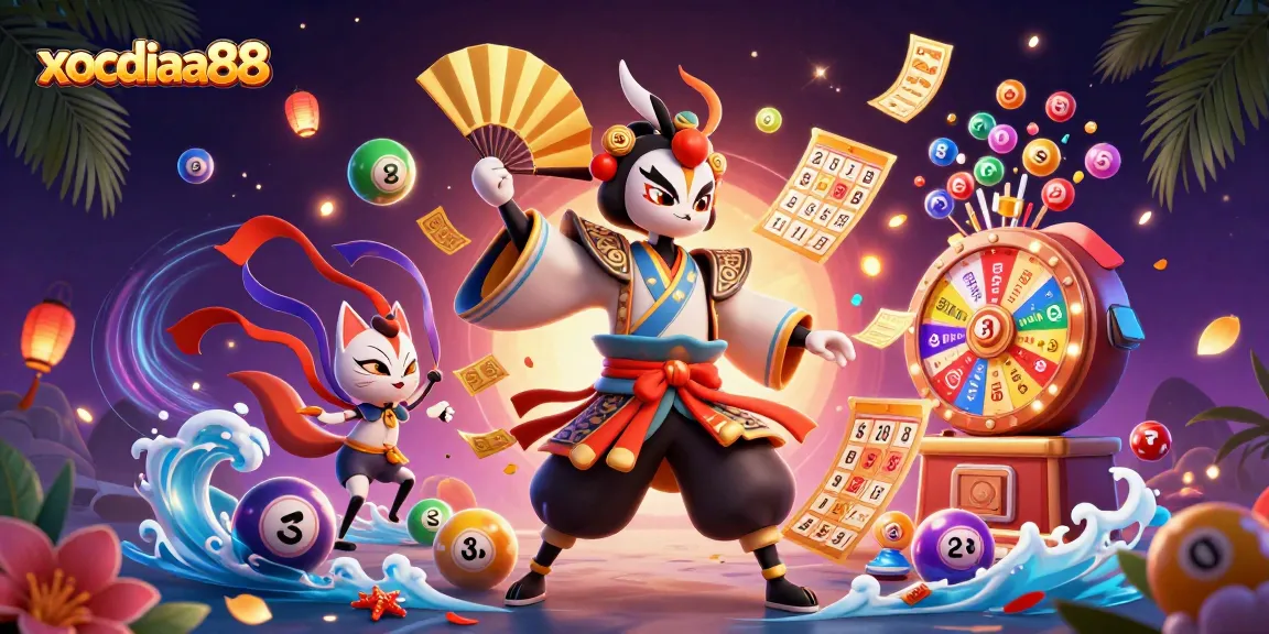 Xocdiaa88 features a kabuki warrior and kitsune mask in a vibrant casino scene filled with dynamic game elements.
