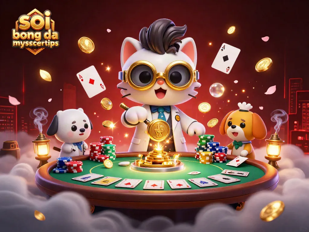 Soi keo bong da mysoccertips featuring a mad scientist cat creating a gold-coin machine in a lively casino setting