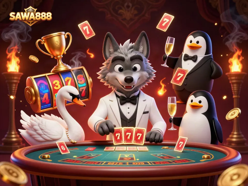 Experience thrilling gameplay with SAWA888's vibrant casino scene featuring a debonair wolf and elegant swan.