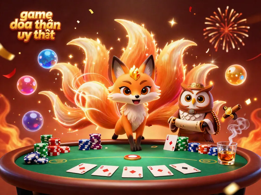 Engage with the vibrant gaming scene featuring a mystical nine-tailed fox spirit amidst colorful poker elements in this game đổi thưởng uy tín illustration.