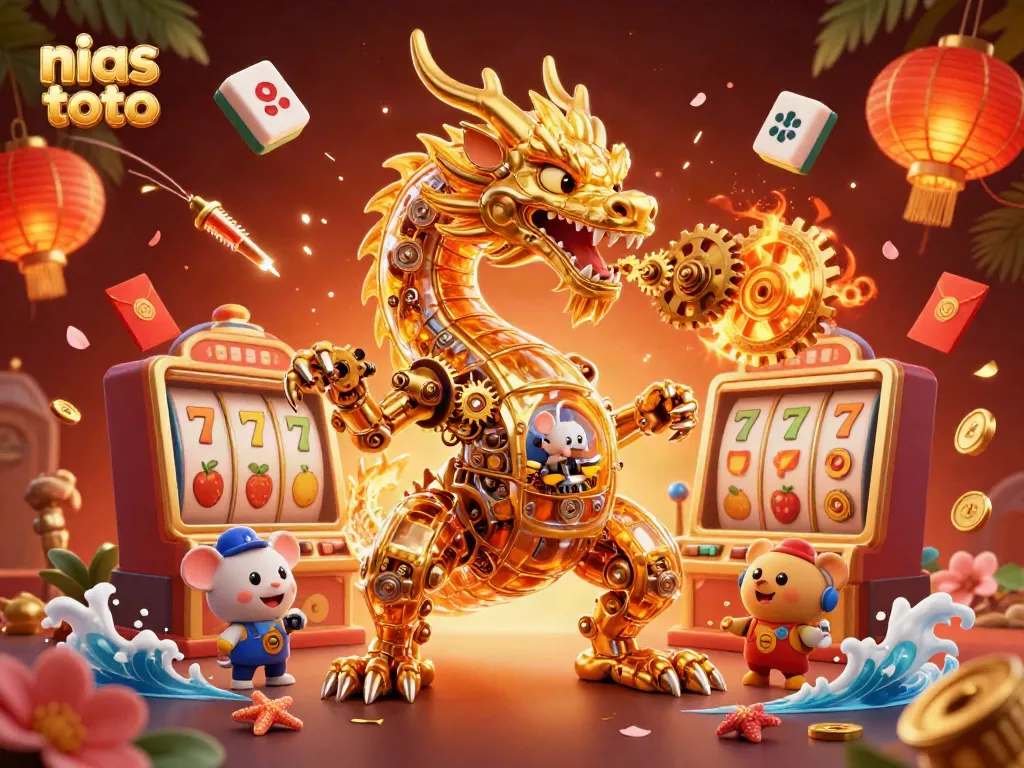 Gambarkan nias toto dengan fitur mesin slot dan karakter unik dalam ilustrasi 3D yang menarik.
