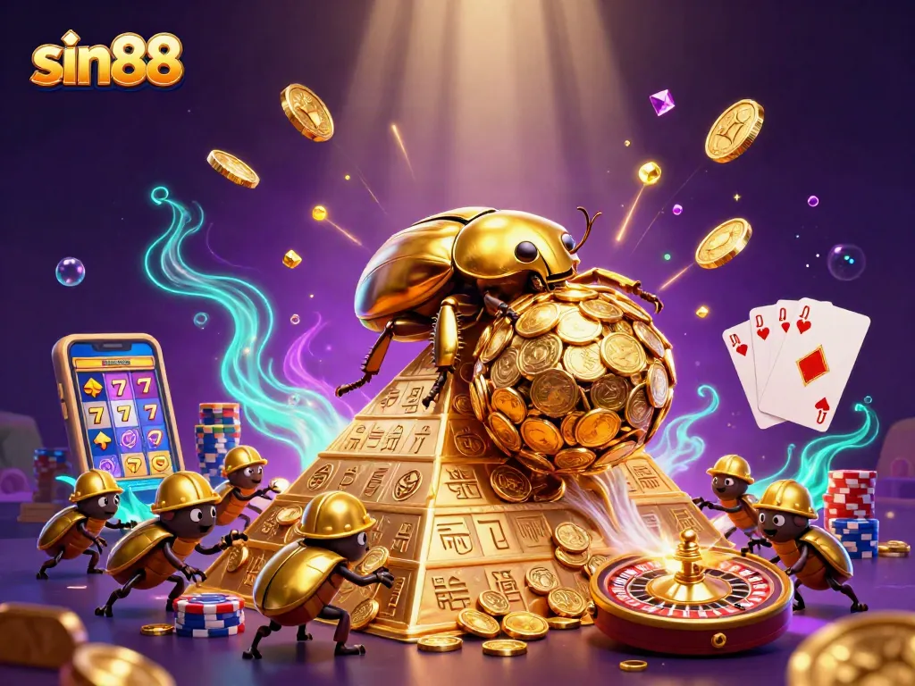 Experience the thrill of sin88 with this vibrant, gold-filled casino scene showcasing golden beetles and jackpot excitement.