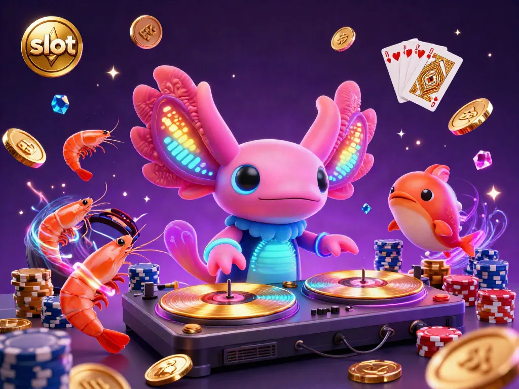 Experience the thrill of slots with vibrant casino characters spinning golden vinyl and a dynamic backdrop.