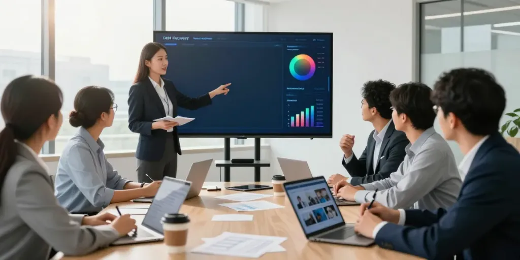 Leipziger Inkasso-Team bespricht erfolgreiche Forderungseinzüge in modernem Büro.