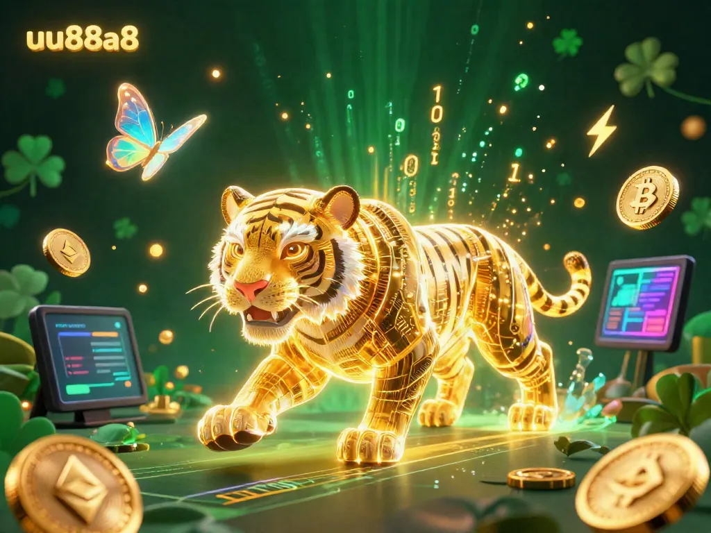 Experience the exciting world of uu88a8 casino with a golden tiger, vibrant coins, and dynamic holographic elements.