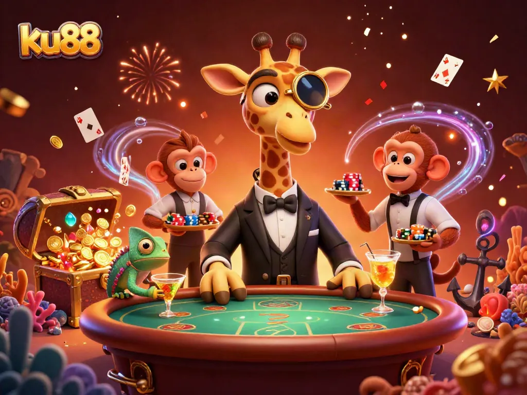 Win big at ku88 with a high-roller giraffe and vibrant casino elements in a festive scene.