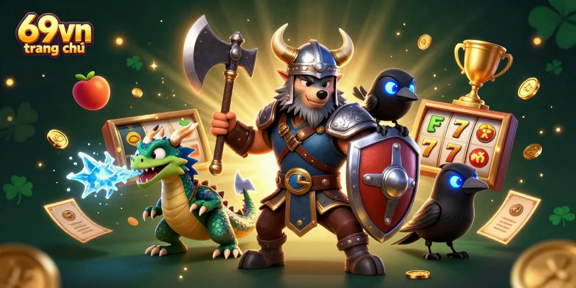 Bet big on 69vn trang chủ with animated Viking wolf, ice dragon, and vibrant slot machine reels.